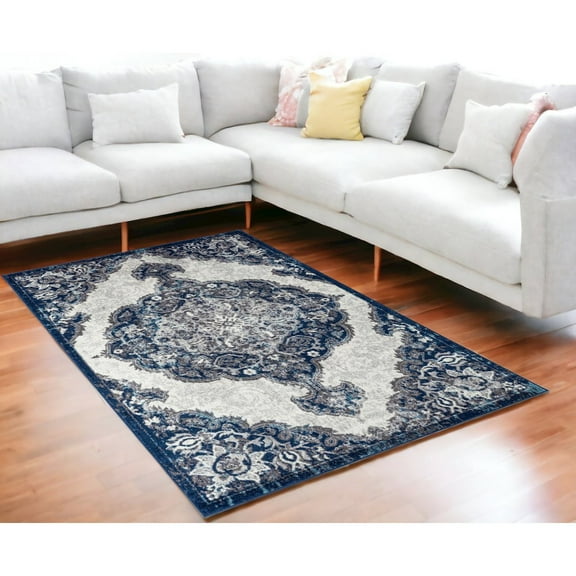 HomeRoots 5' X 7' Blue And Gray Medallion Power Loom Area Rug