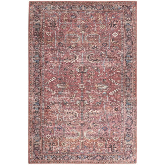 5' X 7' Brick Oriental Power Loom Distressed Washable Area Rug