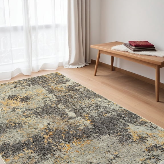 5' X 7' Grey And Gold Abstract Power Loom Stain Resistant Area Rug