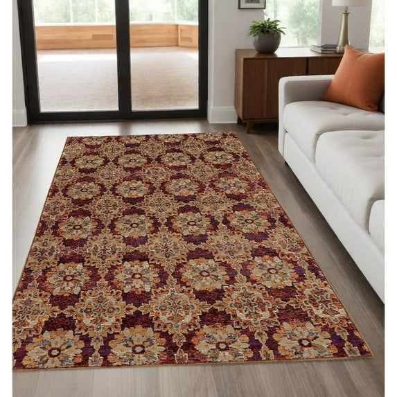 5' X 7' Red And Gold Oriental Power Loom Stain Resistant Area Rug