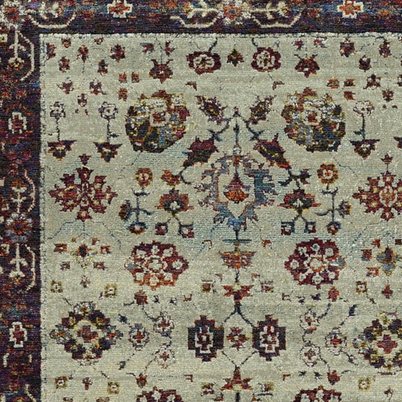 5' X 7' Stone And Red Oriental Power Loom Stain Resistant Area Rug