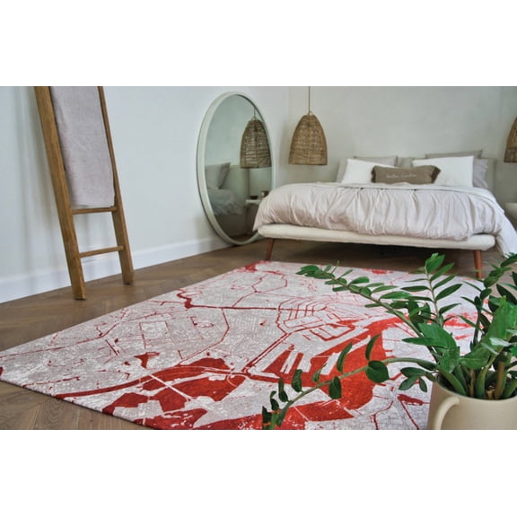 HomeRoots 5' X 7' Red And White Abstract Non Skid Area Rug