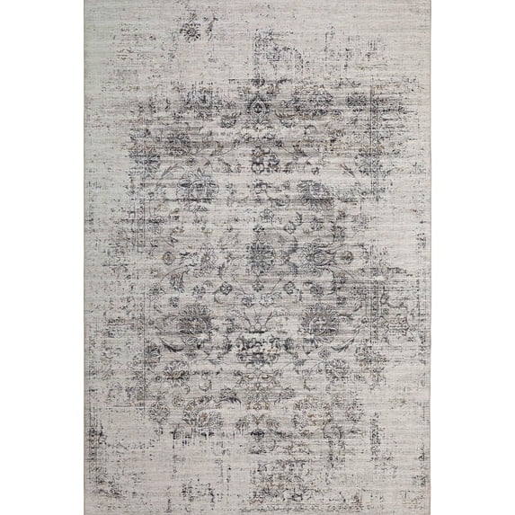 5' X 8' Beige Oriental Distressed Stain Resistant Area Rug