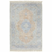 HomeRoots 5' X 8' Blue And Red Oriental Hand Loomed Stain Resistant Area Rug With Fringe