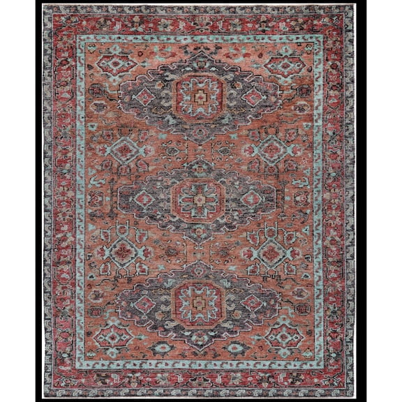 HomeRoots 5' X 8' Blue And Red Wool Floral Hand Knotted Distressed Area Rug