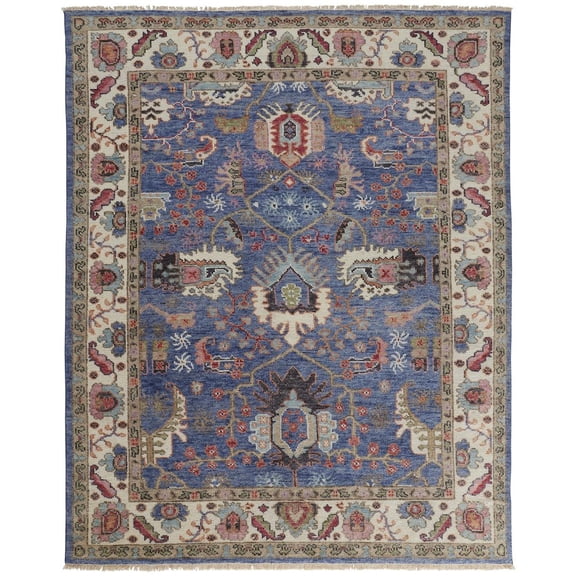 HomeRoots 5' X 8' Blue And Red Wool Floral Hand Knotted Stain Resistant Area Rug