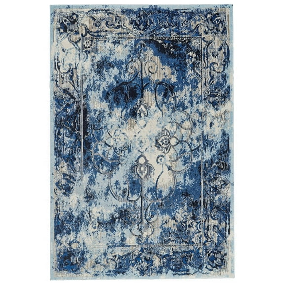 5' X 8' Blue Ivory And Gray Floral Distressed Stain Resistant Area Rug