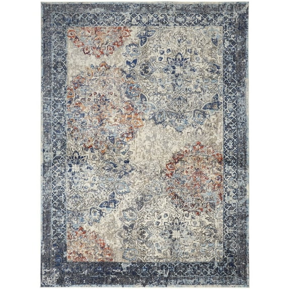 HomeRoots 5' X 8' Blue Ivory And Red Floral Power Loom Distressed Stain Resistant Area Rug
