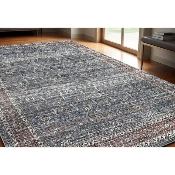 5' X 8' Blue Oriental Distressed Stain Resistant Area Rug