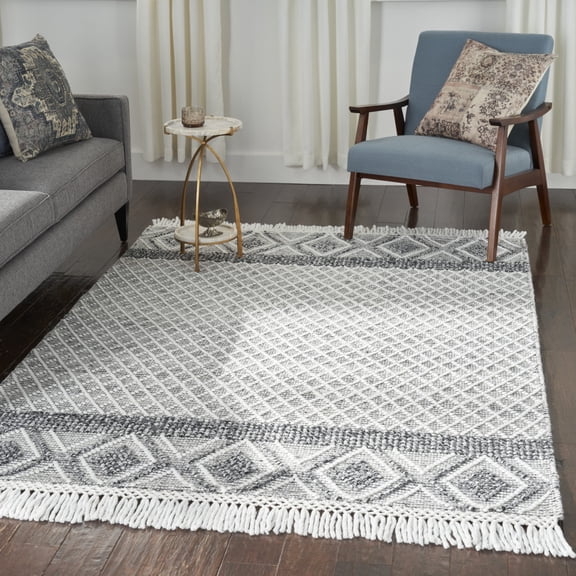 5' x 8' Gray and Ivory Geometric Hand Woven Area Rug With Fringe