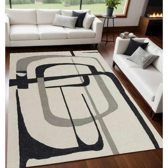 5' X 8' Ivory Gray And Black Wool Abstract Tufted Handmade Area Rug