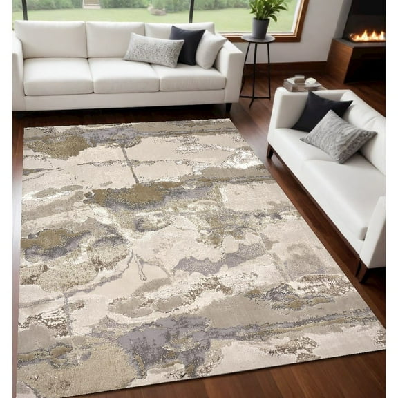HomeRoots 5' X 8' Gray Ivory And Gold Abstract Stain Resistant Area Rug