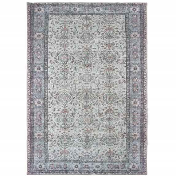 5' X 8' Ivory And Blue Oriental Power Loom Stain Resistant Area Rug