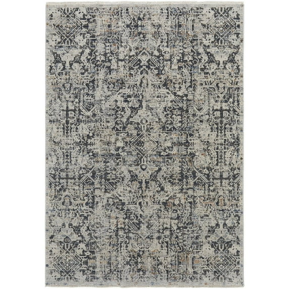 5' X 8' Ivory Gray And Taupe Abstract Power Loom Distressed Area Rug With Fringe