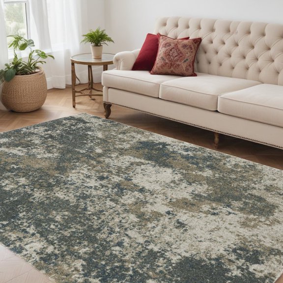 5' X 8' Teal Grey Tan And Beige Abstract Power Loom Stain Resistant Area Rug