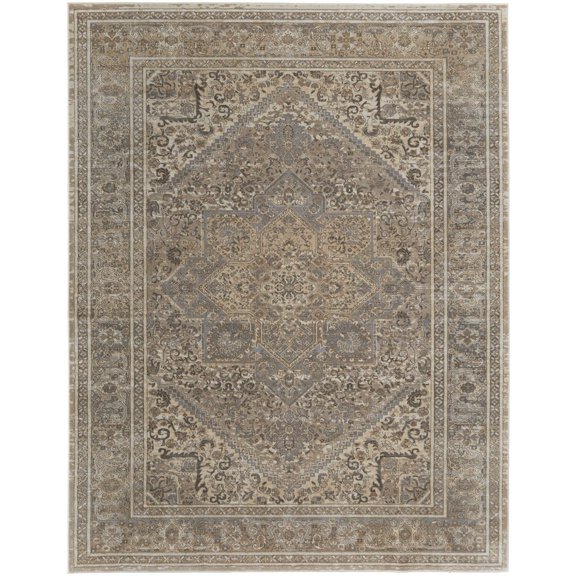 5' X 8' Tan Brown And Ivory Floral Power Loom Distressed Area Rug