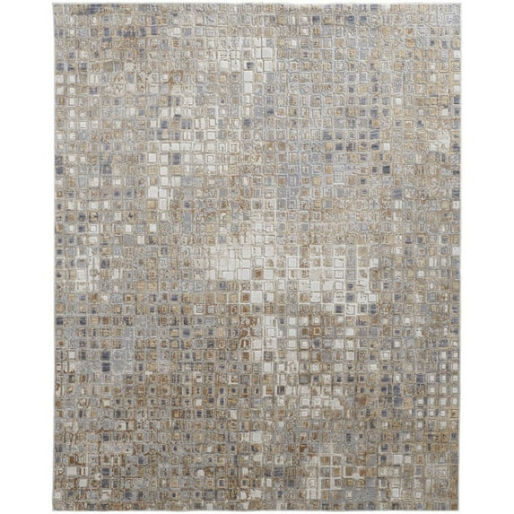 5' X 8' Tan Ivory And Blue Geometric Power Loom Distressed Area Rug