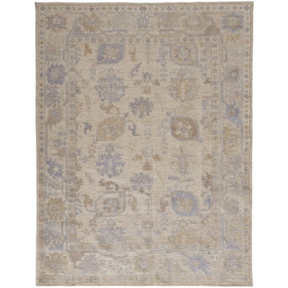 5' X 8' Tan Orange And Blue Floral Hand Knotted Stain Resistant Area Rug