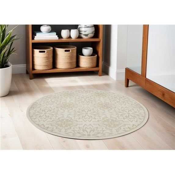 HomeRoots 563935 5 ft. Beige & Ivory Floral Non Skid Round Rug