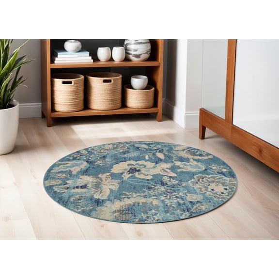 5' Turquoise Cream and Navy Blue Floral Distressed Round Rug