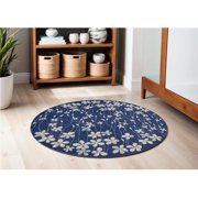 HomeRoots 552380 5 ft. Floral Round Rug, Navy Blue & Ivory