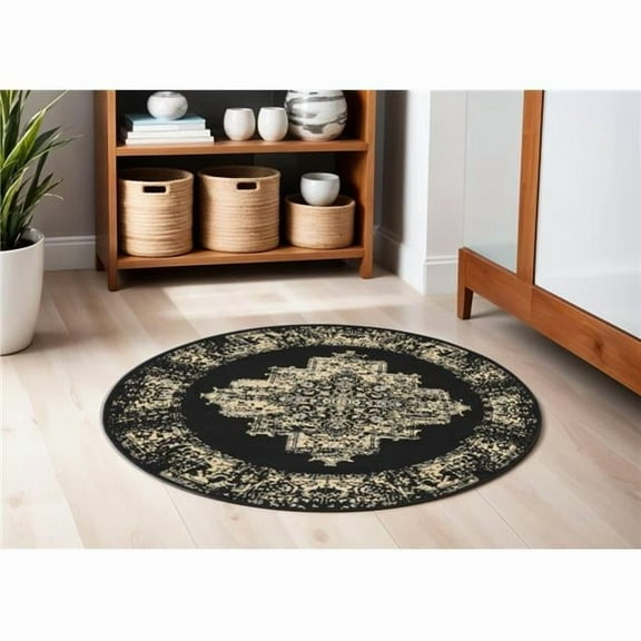 HomeRoots 546026 5 ft. Medallion Distressed Non Skid Round Rug, Tan & Black