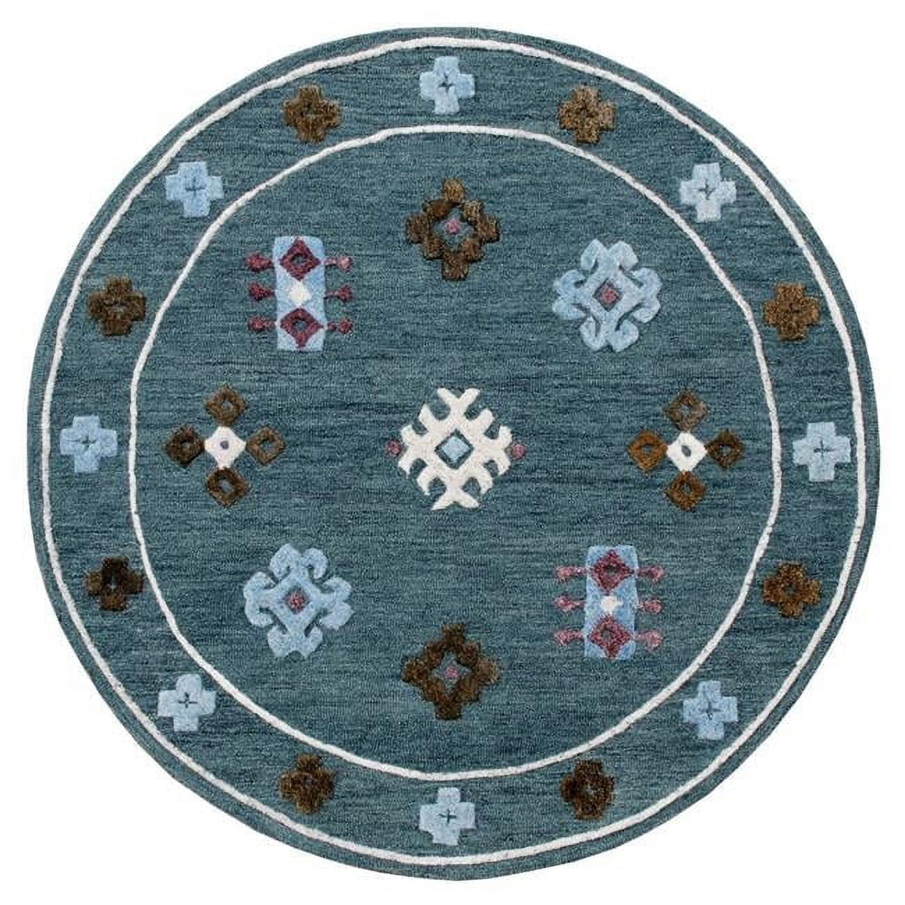 Blue Bordered Rug HomeRoots 5 ft. Round Blue Bordered Motif Area Rug - Blue - 5 ...