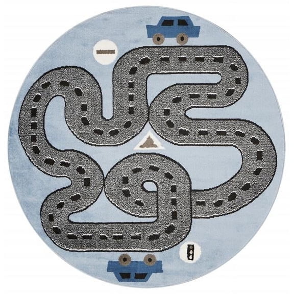 HomeRoots 5 ft. Round Blue Imaginative Racetrack Area Rug - Blue - 5'