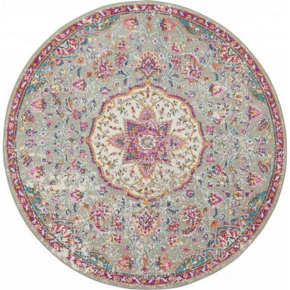 HomeRoots  5 ft. Round Gray & Pink Medallion Area Rug - Gray Pink - 5 ft.