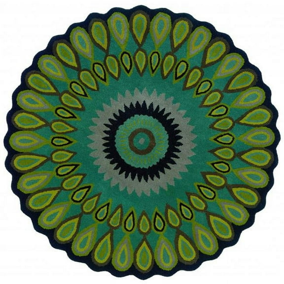 HomeRoots  5 ft. Round Green Peacock Feather Area Rug - Green - 5'