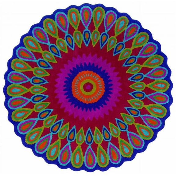 HomeRoots 5 ft. Round Pink Floral Edged Area Rug - Pink - 5'