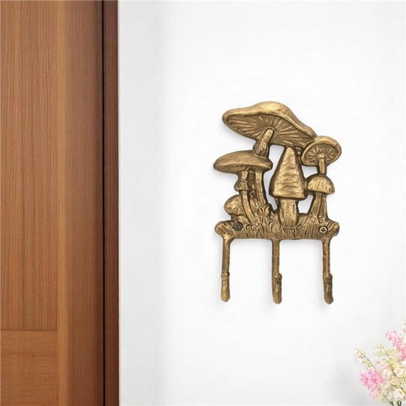 HomeRoots 612068 5 in. Antiqued Gold Cast Iron Mushroom Three Hook Wall Mount Coat Rack