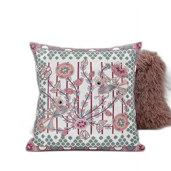 28" X 28" White And Magenta Bird Blown Seam Floral Indoor Outdoor Throw Pillow