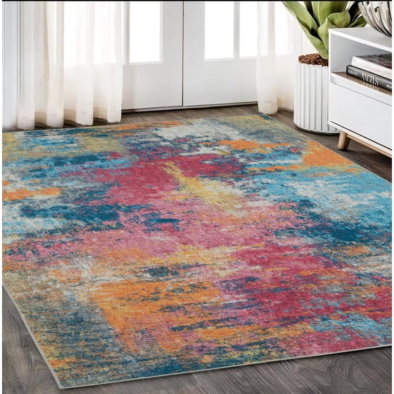 HomeRoots 574981 5 x 7 ft. Abstract Distressed Rectangle Area Rug, Blue, Yellow & Red