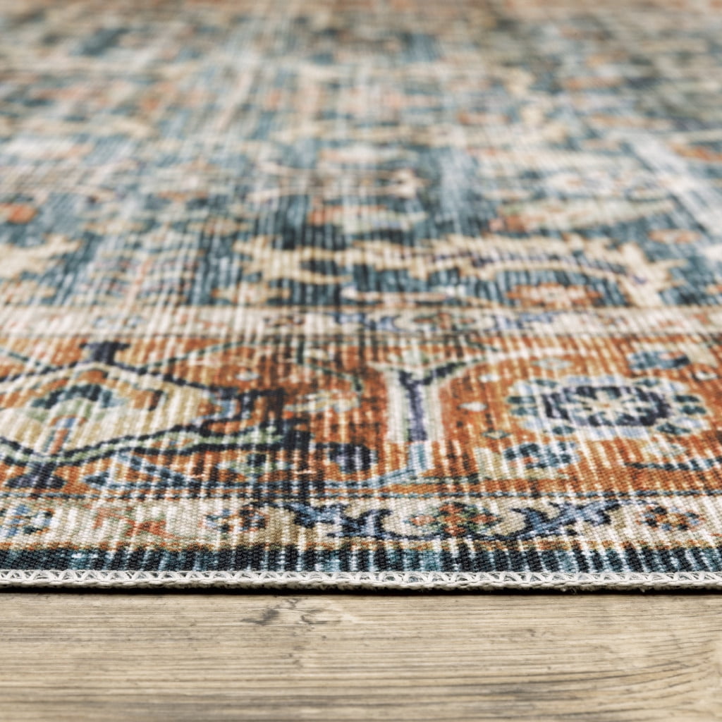 Rust And Olive Rug 5' X 7' Blue Rust Gold And Olive Oriental Printed Stain Resistant Non ...