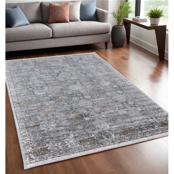 HomeRoots 566350 5 x 7 ft. Damask Power Loom Worn Faded Rectangle Area Rug, Gray & Silver