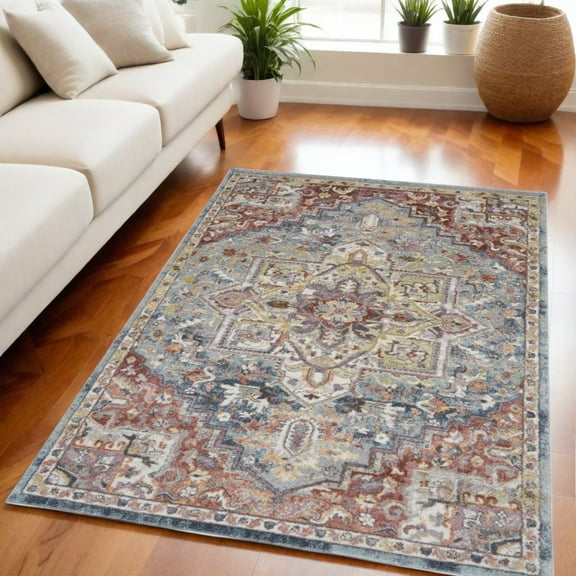 HomeRoots 551287 5 x 7 ft. Floral Distressed Rectangle Area Rug, Blue & Red