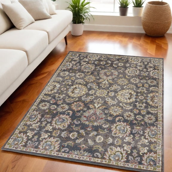 HomeRoots 551288 5 x 7 ft. Floral Distressed Rectangle Area Rug, Charcoal, Brown & Yellow