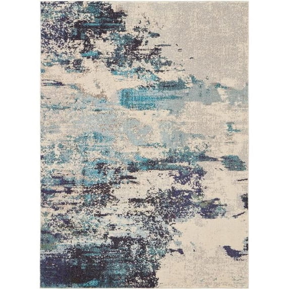 HomeRoots 5 x 7 ft. Ivory & Teal Blue Abstract Power Loom Non Skid Rectangle Area Rug - Ivory and Teal Blue - 5 x 7 ft.