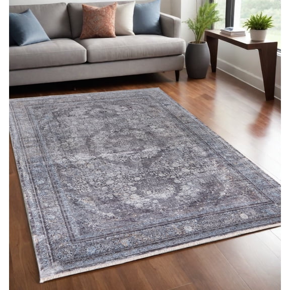 5' X 7' Gray and Silver Oriental Power Loom Worn Faded Area Rug