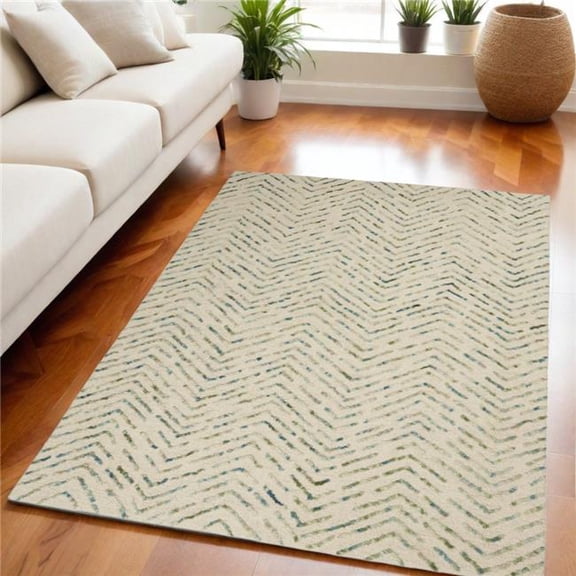 HomeRoots 553390 5 x 7 ft. Wool Chevron Rectangle Area Rug - Ivory, Blue & Green