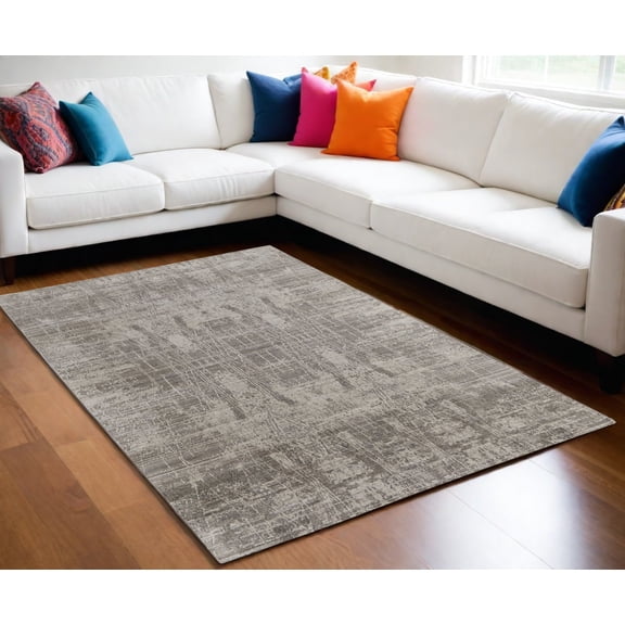 5' X 8' Gray and Silver Abstract Hand Woven Worn Faded Area Rug