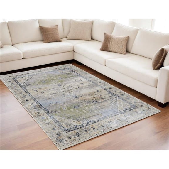 HomeRoots 567380 5 x 8 ft. Abstract Power Loom Worn Faded Rectangle Area Rug, Ivory, Green & Blue
