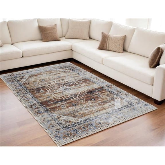 HomeRoots 567385 5 x 8 ft. Abstract Power Loom Worn Faded Rectangle Area Rug, Ivory, Red & Blue