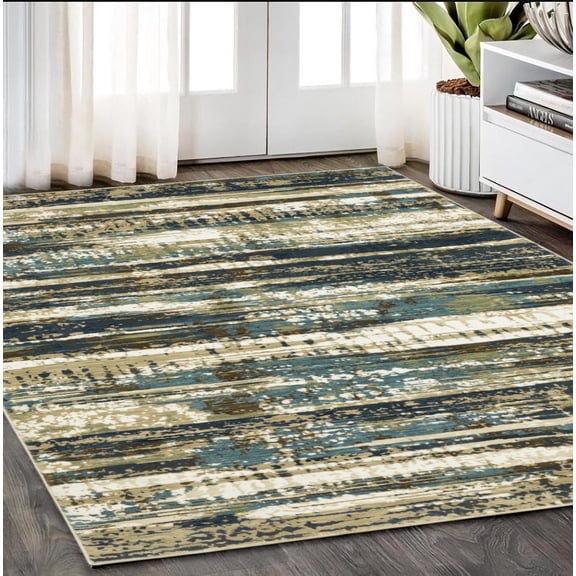 5' X 8' Beige And Blue Abstract Area Rug