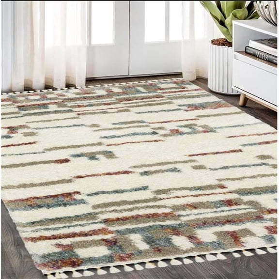 HomeRoots 574650 5 x 8 ft. Abstract Shag Distressed Rectangle Area Rug with Fringe, Tan, Gray & Ivory