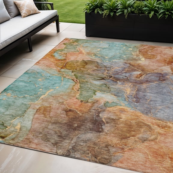 HomeRoots 581762 5 x 8 ft. Abstract Washable Indoor & Outdoor Rectangle Area Rug, Copper, Orange & Teal Blue