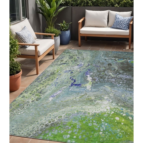 5' X 8' Green And Lime Green Abstract Washable Indoor Outdoor Area Rug