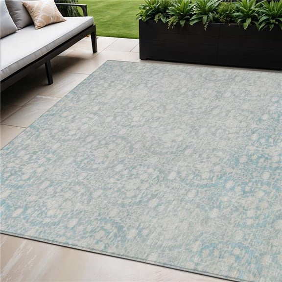 HomeRoots 607675 5 x 8 ft. Aqua Damask Washable Indoor & Outdoor Rectangle Area Rug
