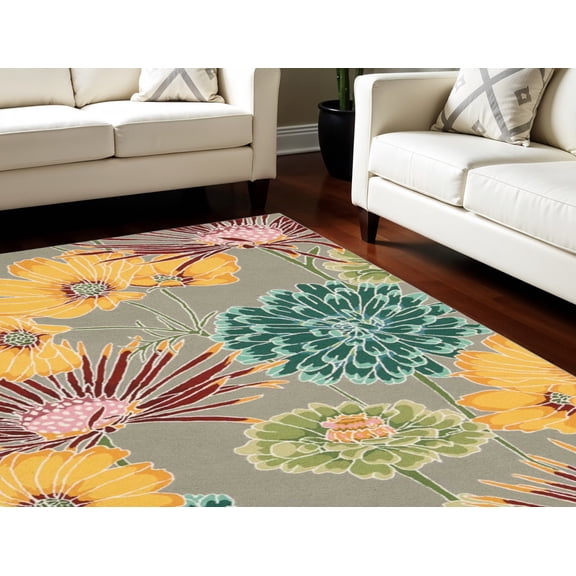 HomeRoots 552624 5 x 8 ft. Floral Hand Carved Handmade Rectangle Area Rug, Gray, Red & Yellow